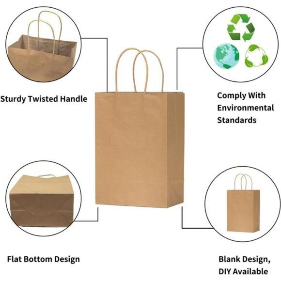 Brown Paper Gift Bags with Handles Bulk Shopping Retail Party Favor - Picture 2 of 7